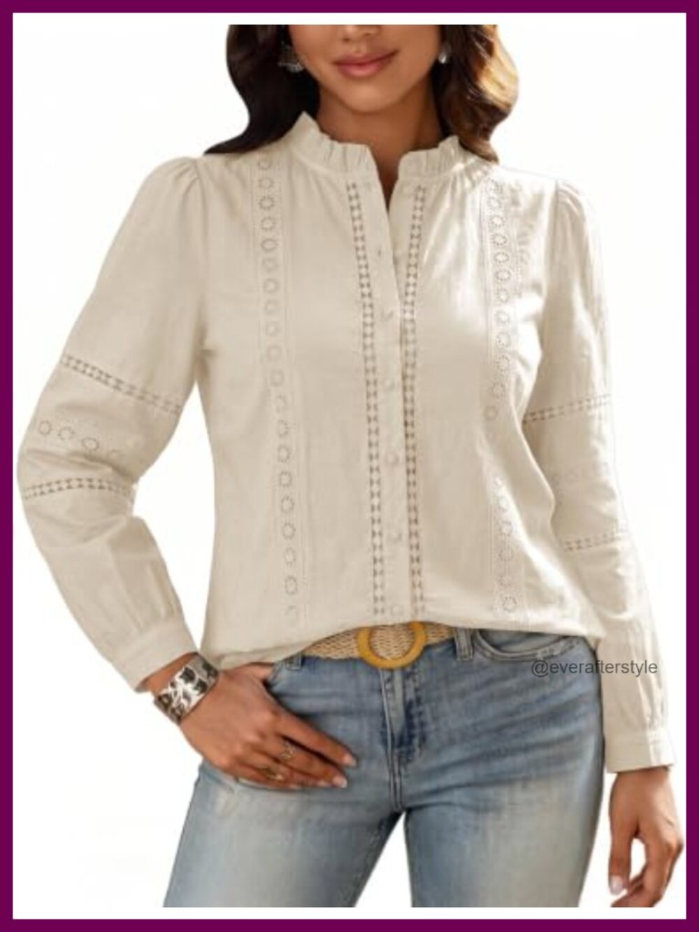100% Cotton Eyelet Button Down Blouse Lantern Sleeve Peasant Top